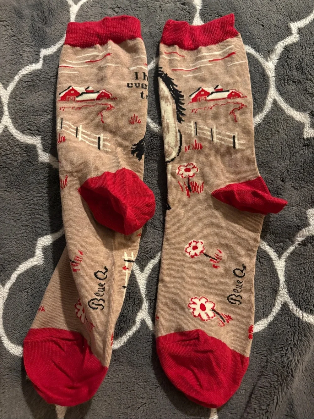 Blue Q Beige Crew Socks with Red Accents and Horse & Girl Motif